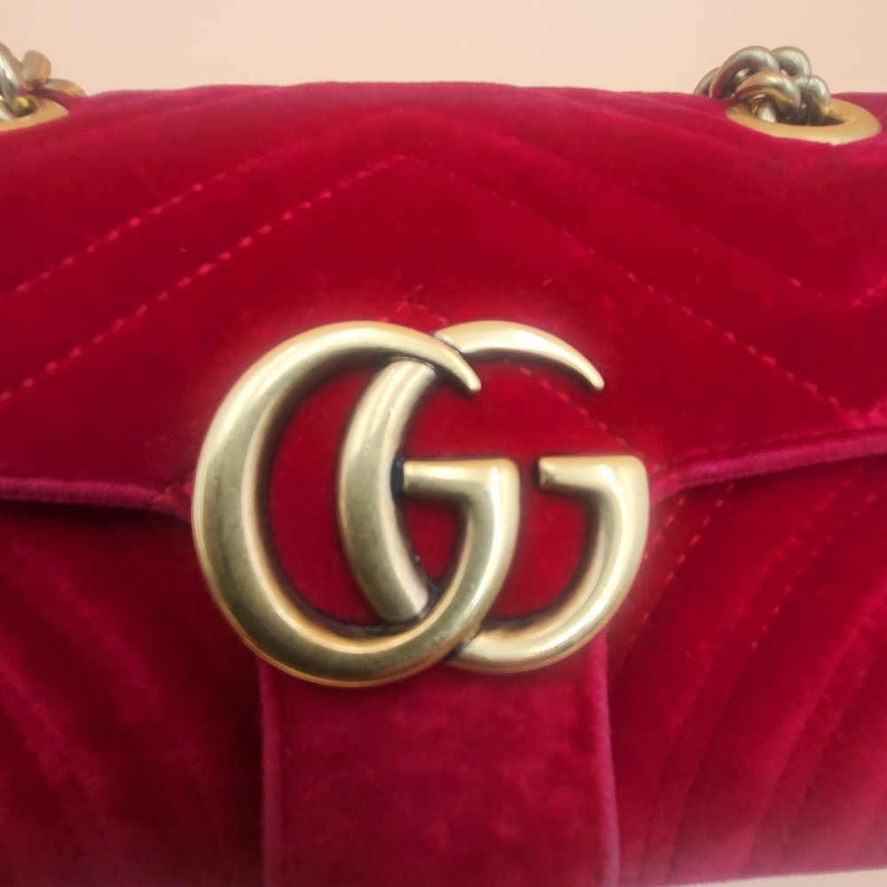 GUCCI Velvet Matelasse Mini GG Marmont Shoulder Crossbody Bag Hibiscus Red,Auth. - Picture 7 of 15